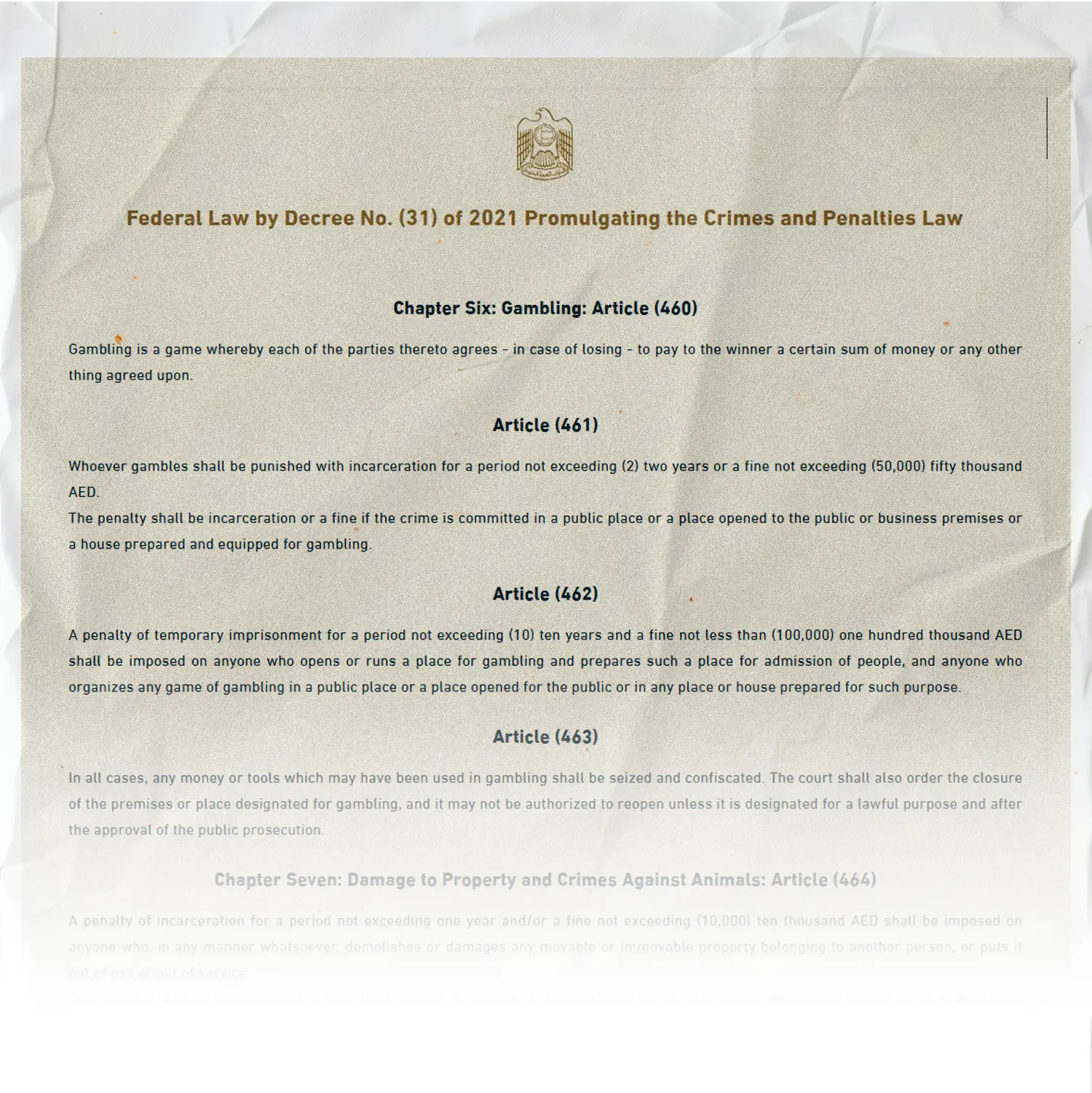 UAE Federal Law Chapter Six - Gambling Ban