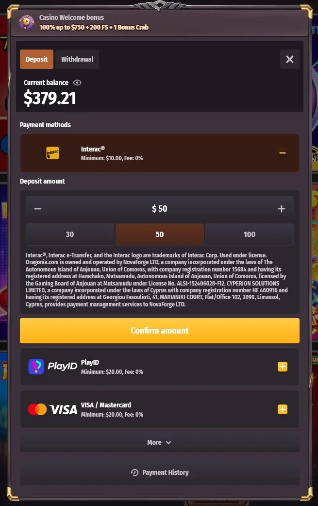 Dragonia Casino Interac Deposits