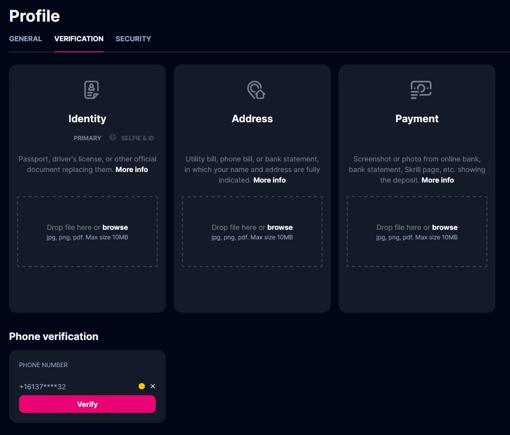 Betsio Casino Profile Verification/KYC Screen for Document Upload