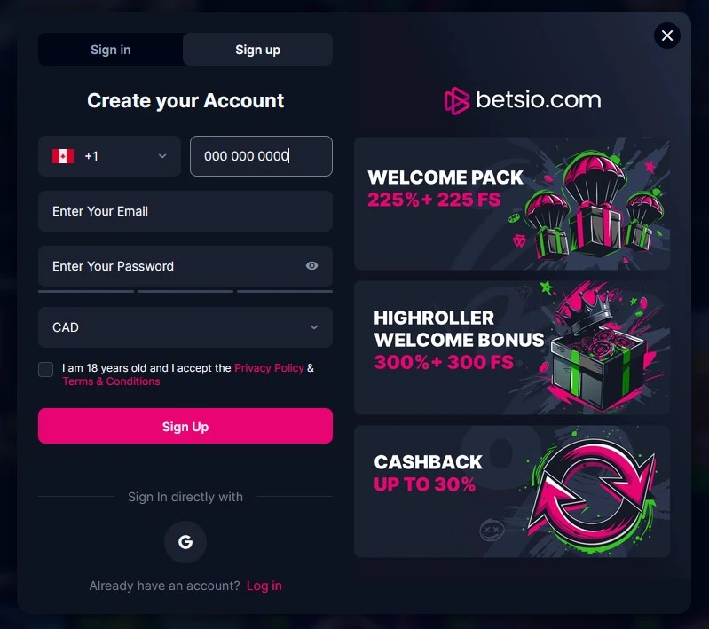Betsio Casino Sign-Up Form