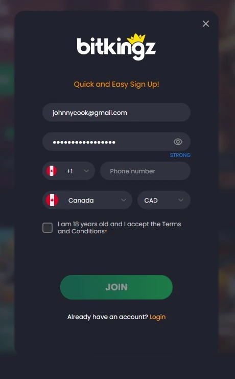 Bitkingz Casino Sign Up Form