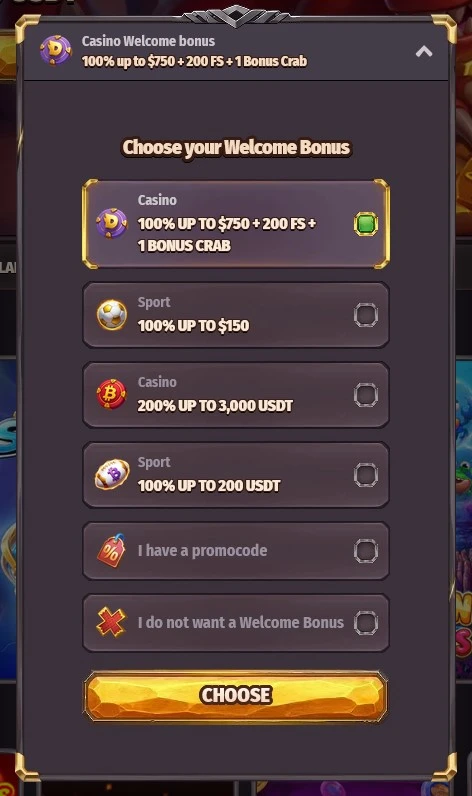 Dragonia Casino Welcome Bonus Choosing Screen