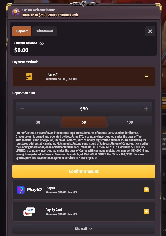 Dragonia Casino Claim Welcome Bonus