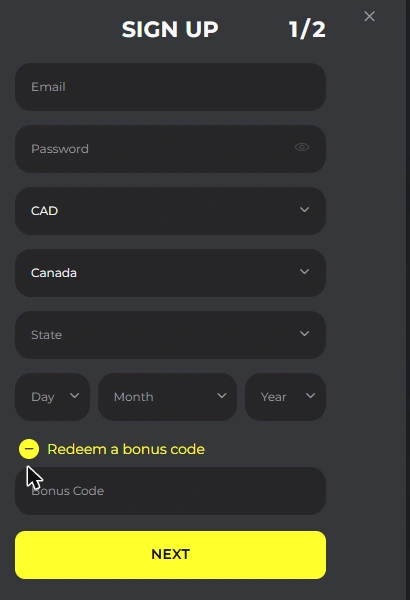 BetPRIMEIRO Casino Sign Up Form