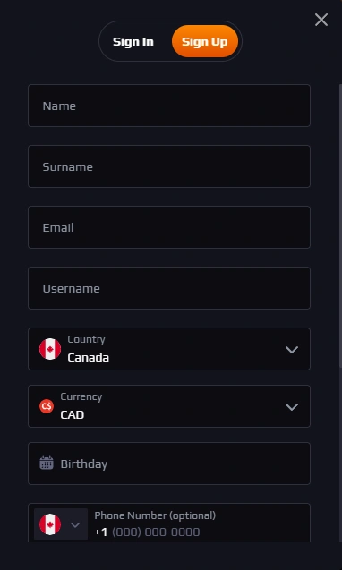 Blaze Spins Sign Up Form