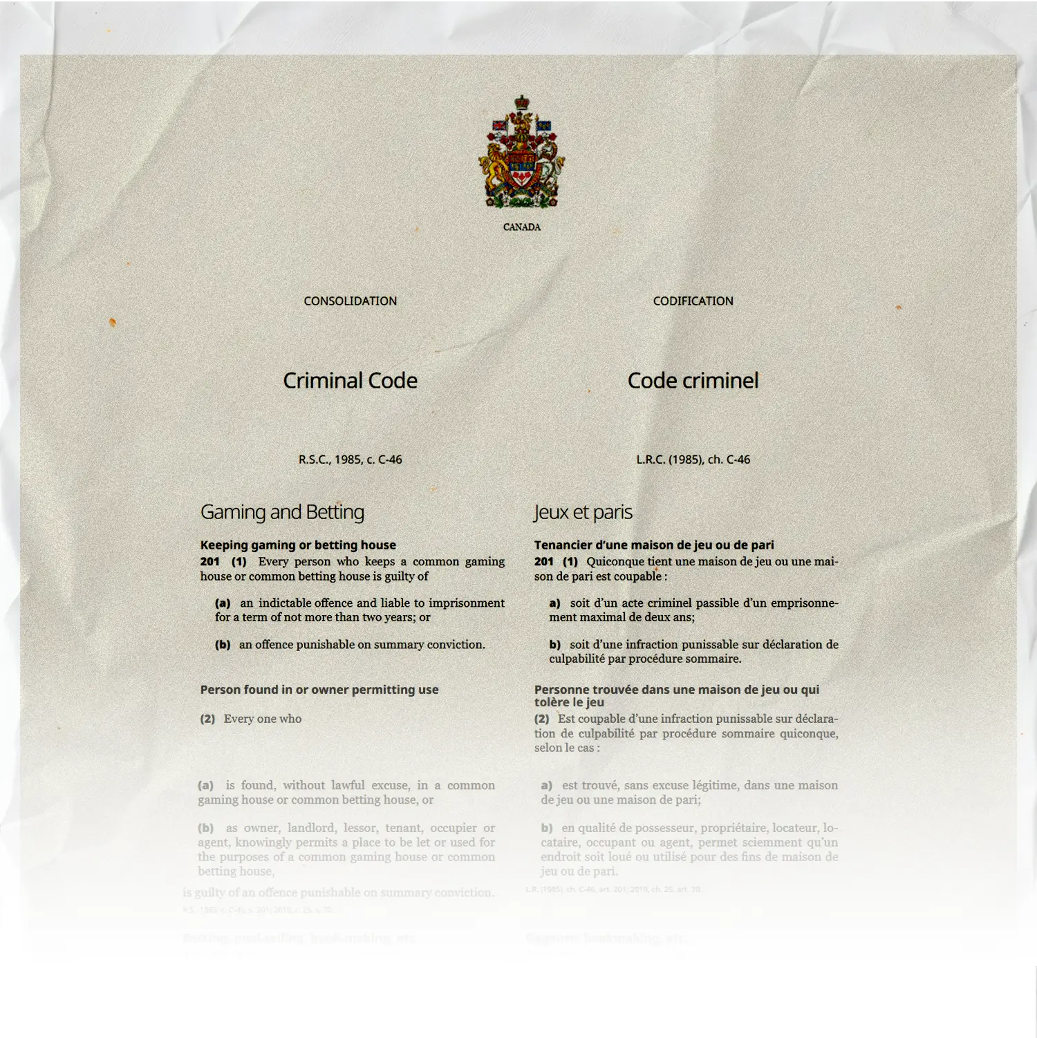 The Gambling-related section (Part VII, sections 201 to 207) of the Canadian Criminal Code