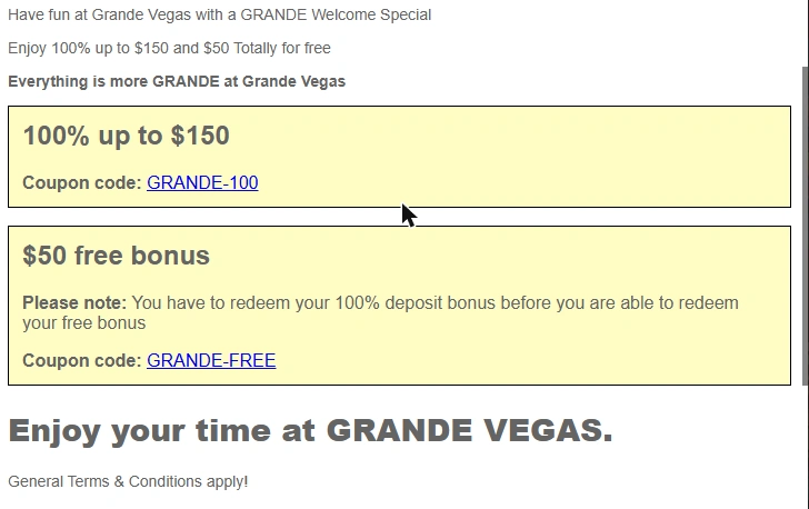 Grande Vegas Welcome Popup Codes