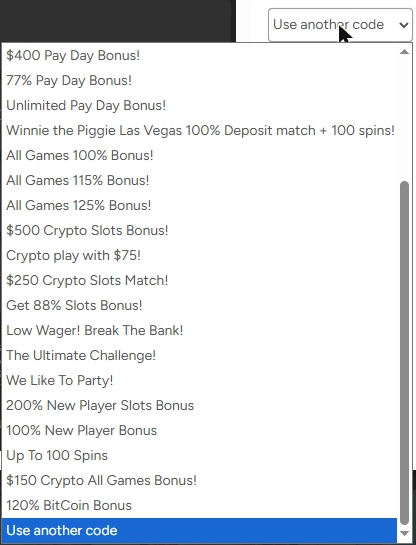 iNetBet Casino Deposit Coupon Dropdown