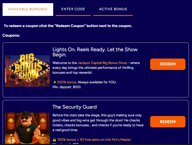 Jackpot Capital Casino Available Bonuses