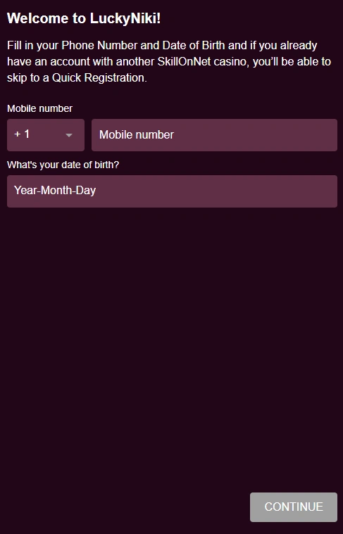LuckyNiki Registration Step 1