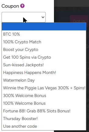 PrimePlay Casino Deposit Coupon Dropdown