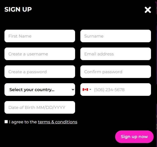PrimePlay Casino Sign Up Form