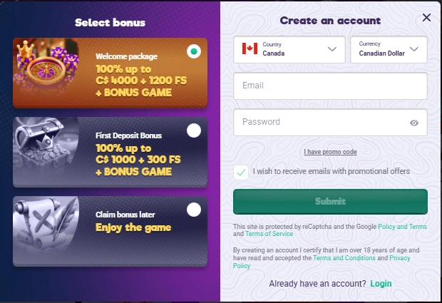 SafeCasino Select Bonus at Signup