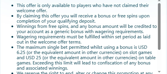 Vera&John Casino Offer Terms USD Max Bet
