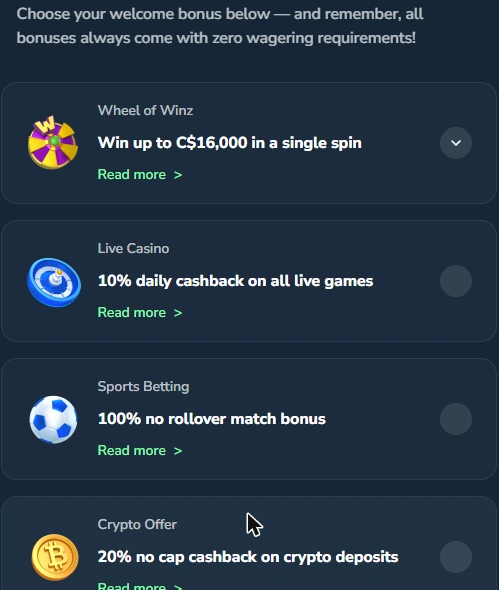 Winz Welcome Bonus Chooser
