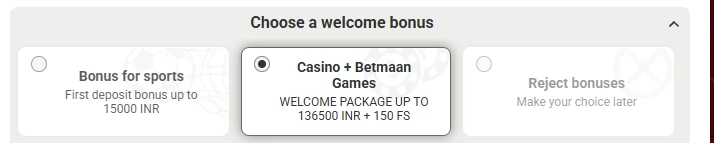 Betmaan Casino Choosing the Bonus Screen