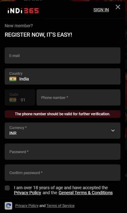 Indi365 Casino Sign Up Form