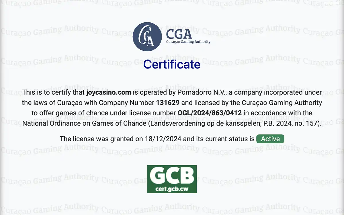 ジョイカジノのライセンス