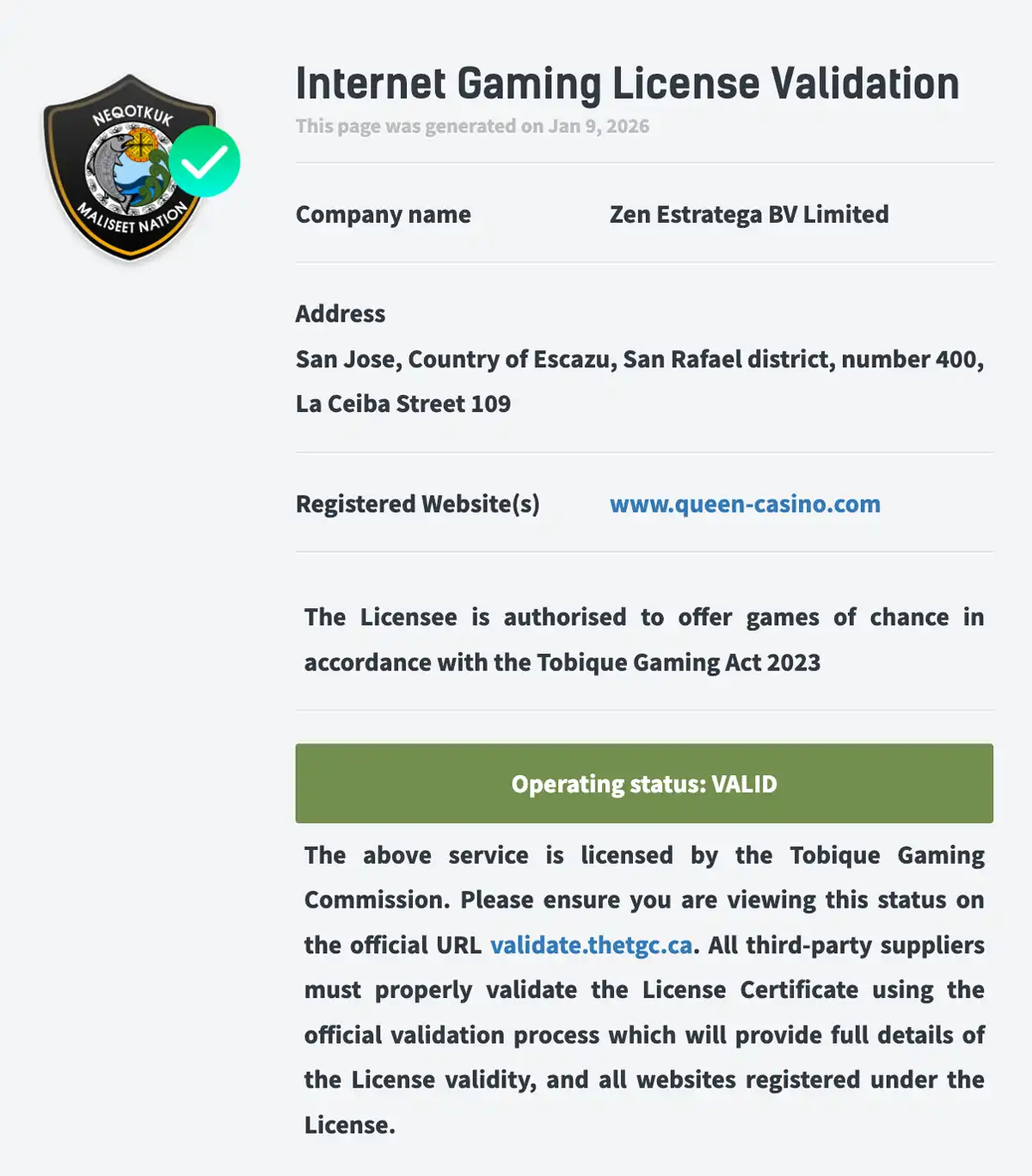 クイーンカジノのライセンス