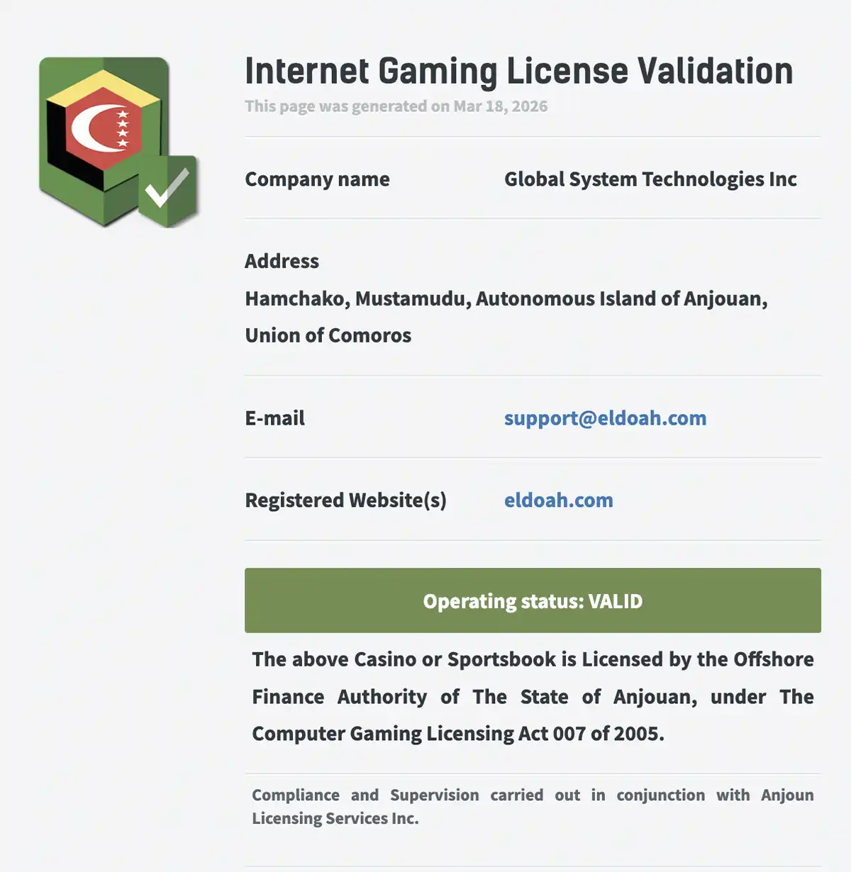 エルドアカジノのライセンス