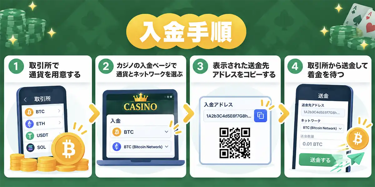 仮想通貨でオンラインカジノに入金する手順