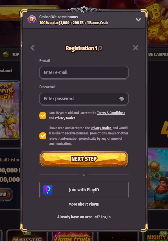 Dragonia Casino Registration Screen