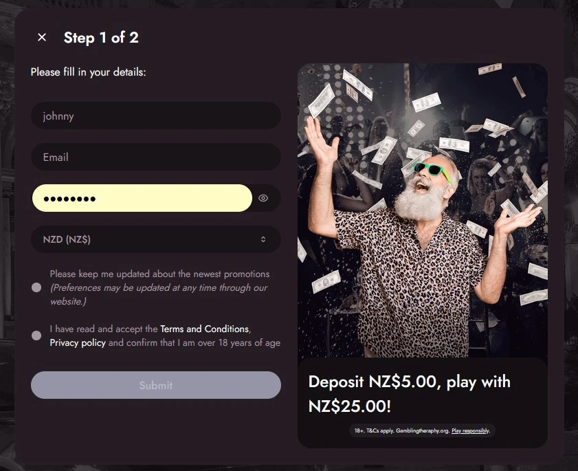MrFortune Casino Sign Up Screen